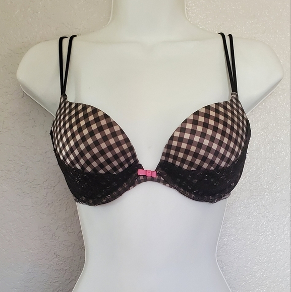 32C Victoria's Secret Very Sexy Push Up Gingham Checkered Black & Pink Lace Bra - Picture 1 of 6